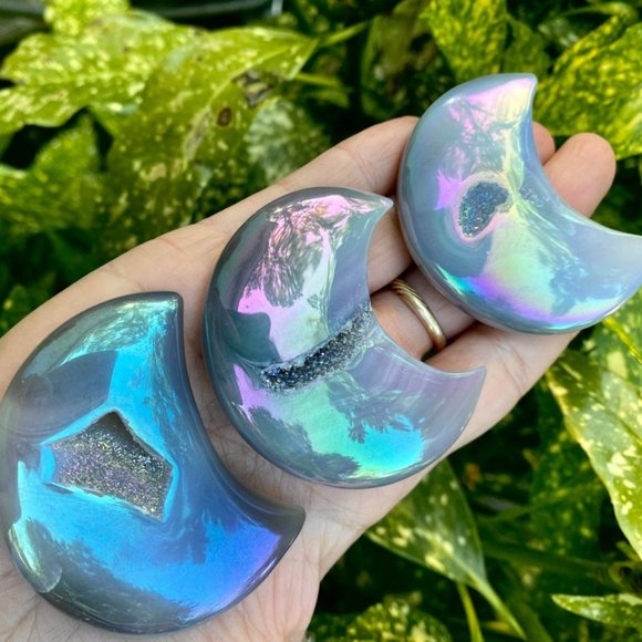 Aura Druzzy Agate  Crystal Crescent Moon - Picture 1 of 2